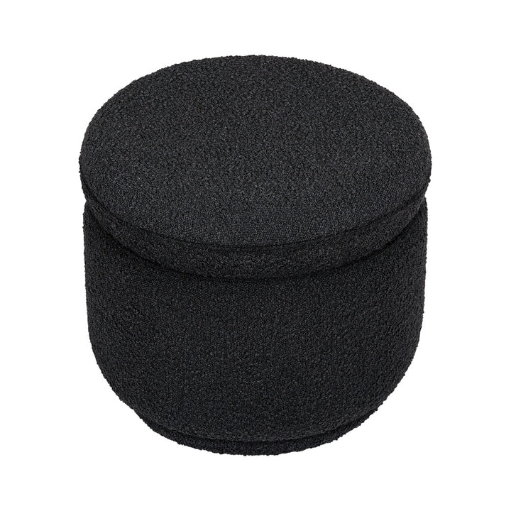 Angled view of The Babyletto Enoki Storage Ottoman in --Color_Black Boucle