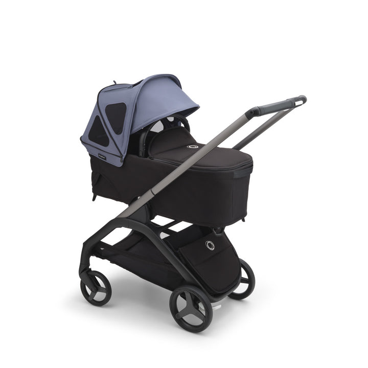 Bugaboo Dragonfly Breezy Sun Canopy open on a bassinet  in -- Color_Seaside Blue