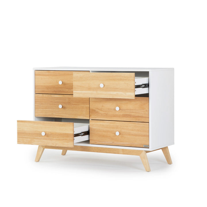 Dadada Merry 6-Drawer Dresser with right upper and left lower drawers open in -- Color_White/Natural