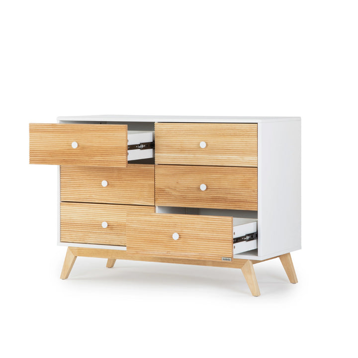 Dadada Merry 6-Drawer Dresser with left upper and right lower drawers open  in -- Color_White/Natural