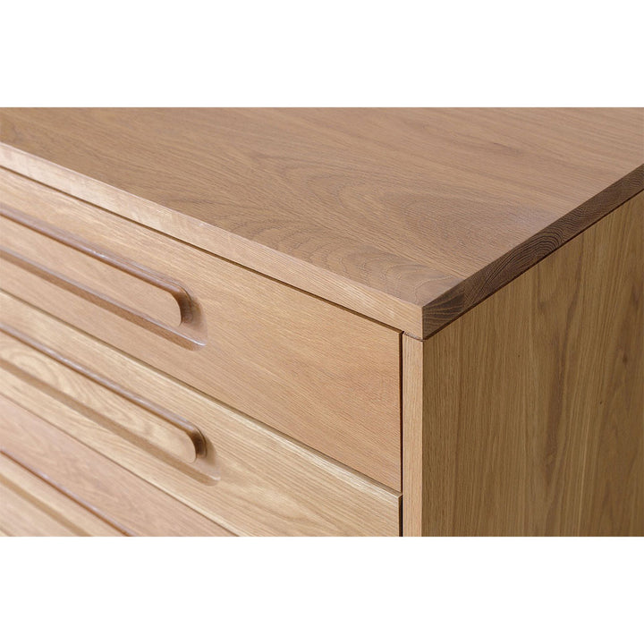 Closeup of Kalon Caravan Double Dresser right upper corner in -- Color_White Oak