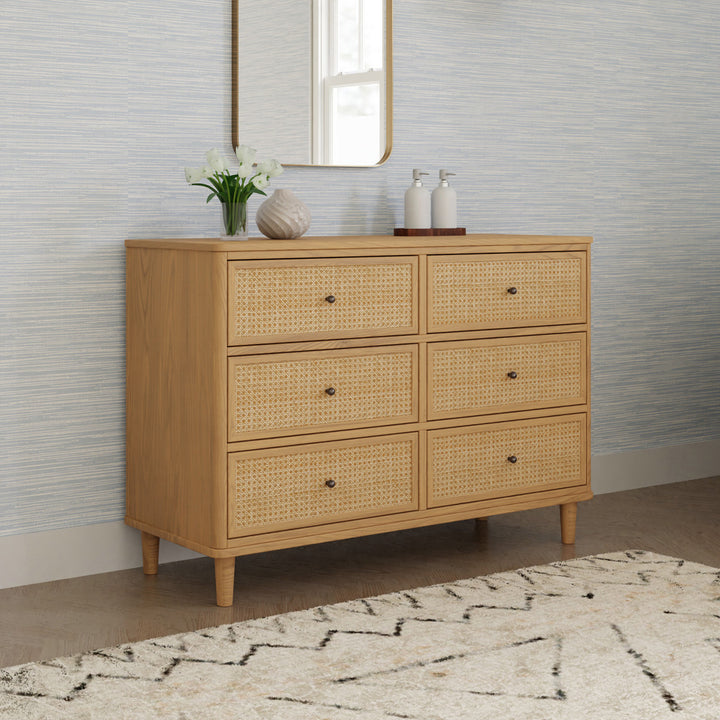 Namesake's Marin 6 Drawer Dresser under a mirror in -- Color_Honey/Honey Cane