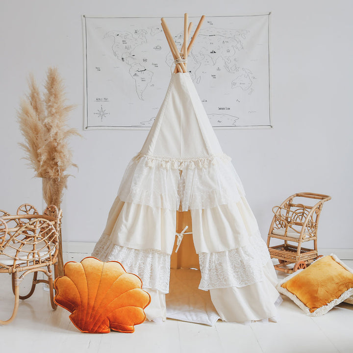 Teepee Tent with Frills and Mat Set