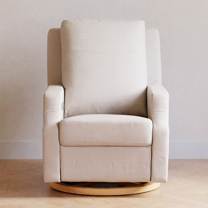 Front view of Namesake's Crewe Electronic Recliner & Swivel Glider in a room  in -- Color_Performance Cream Eco-Weave with Light Wood Base