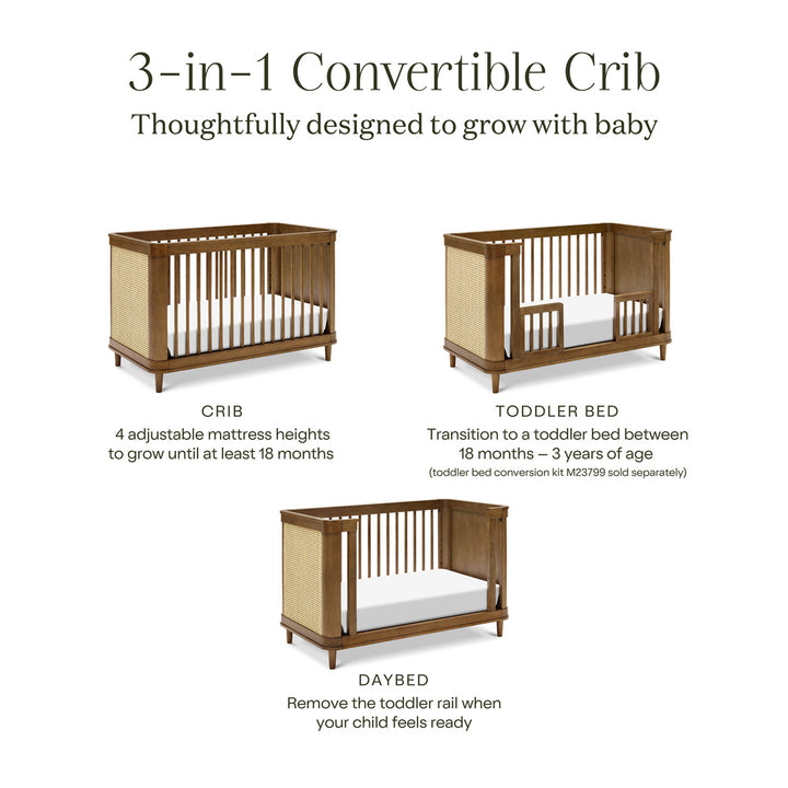 Conversion features of The Namesake Marin 3-in-1 Convertible Crib in -- Color_Natural Walnut with Blonde Cane