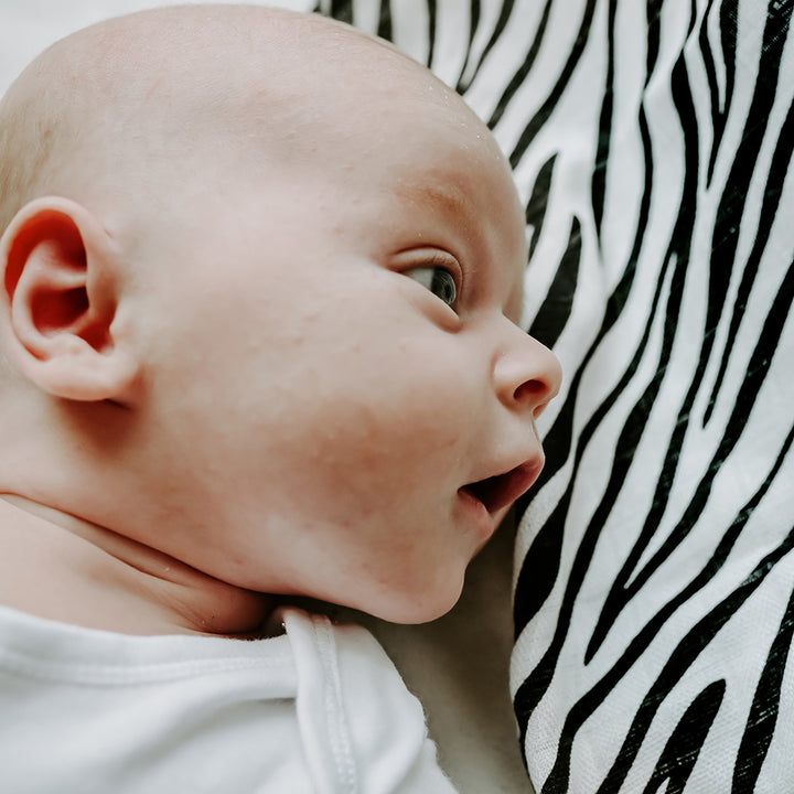 Side view of baby looking at The Etta Loves Sensory Muslin in -- Color_Animal