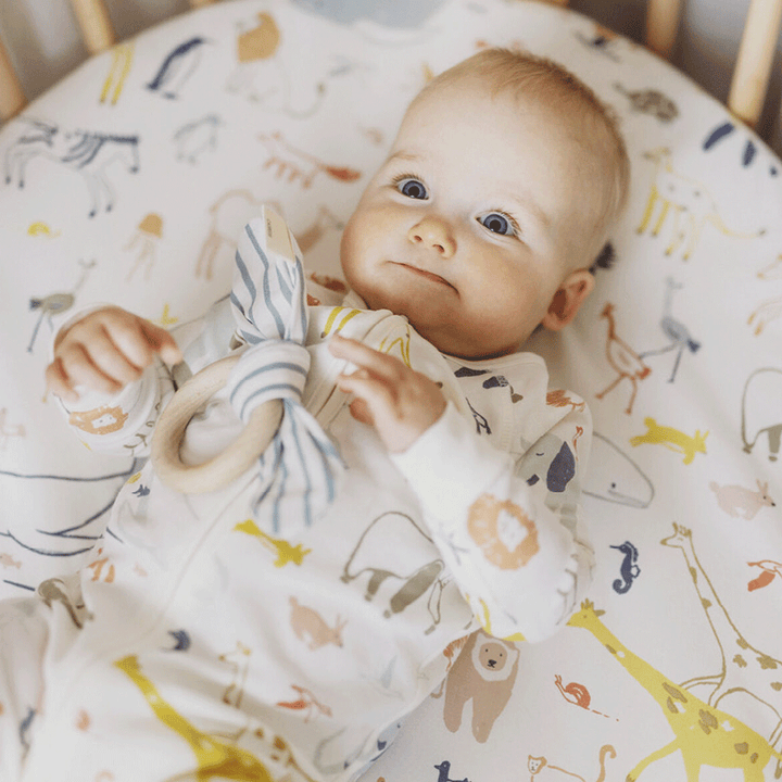 Close-up of a baby laying on the Stokke's  Sleepi V3 Mini Fitted Sheet By Pehr in -- Color_In The Wild